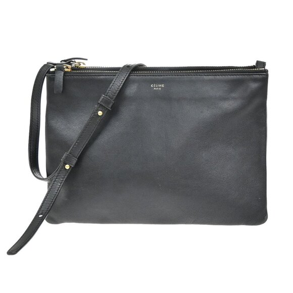 CELINE Logo Trio Crossbody Shoulder Bag Canvas Leather Black Italy - Picture 1 of 15
